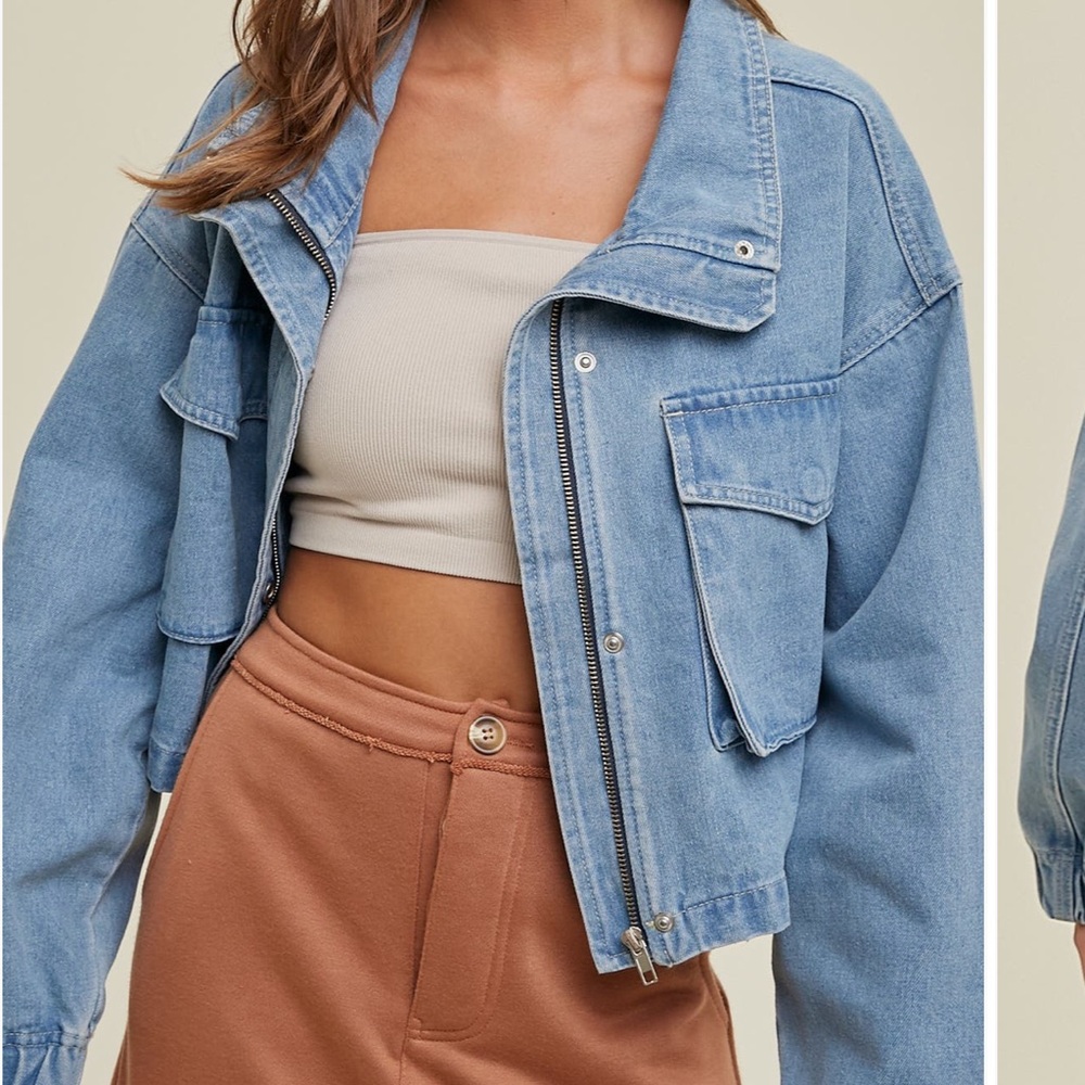 Wishlist Cropped Denim Bomber Jacket
